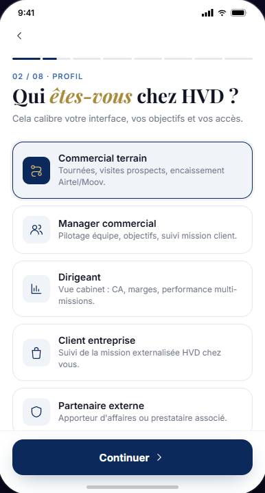 Capture mobile de la sélection du profil Sales Tracker